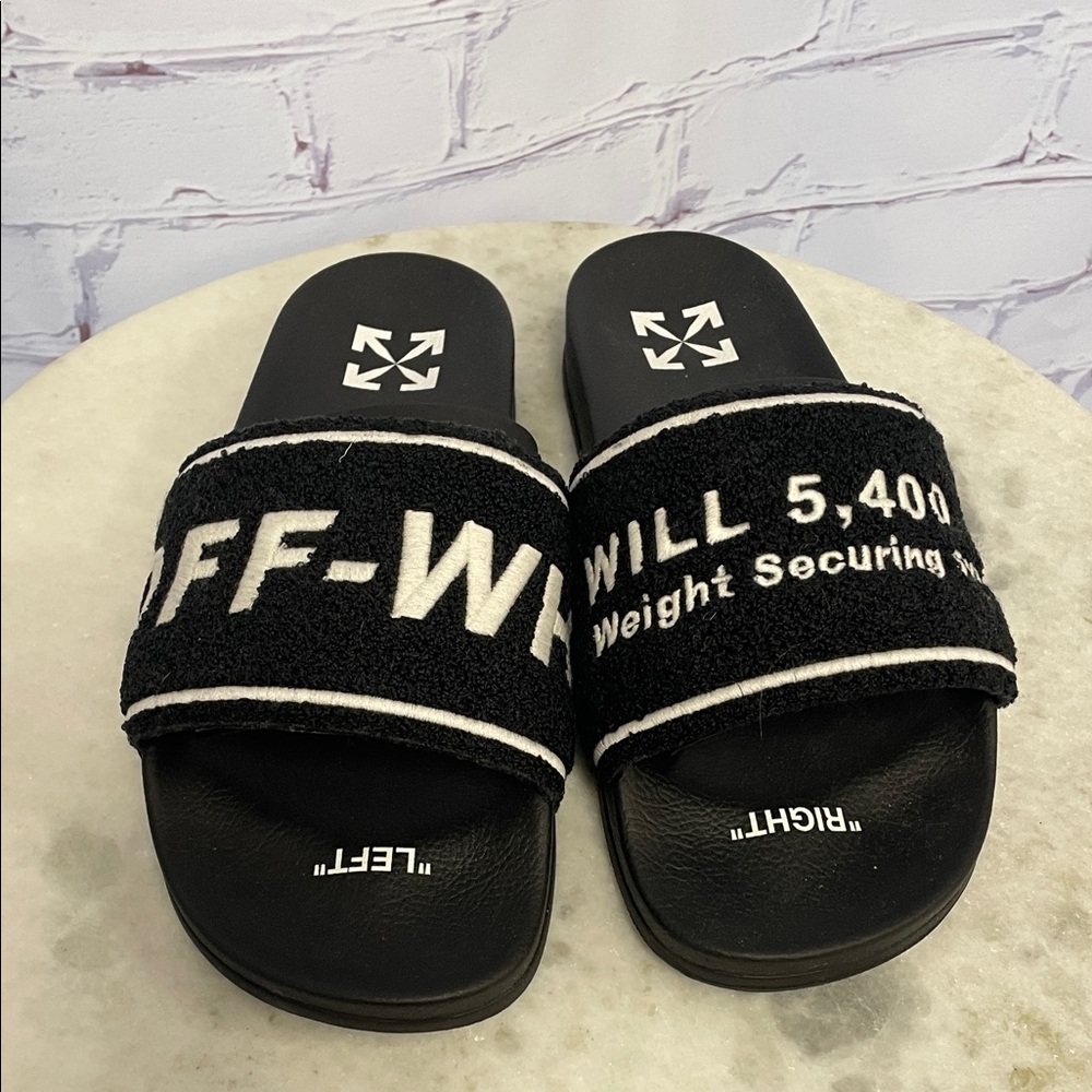 Off-White Black & White Terry textured Logo Slide Sandals